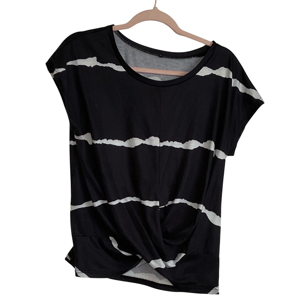 Womens Black White Striped Twist Front Short Sleeve Knit Top Size L Minimalist‎